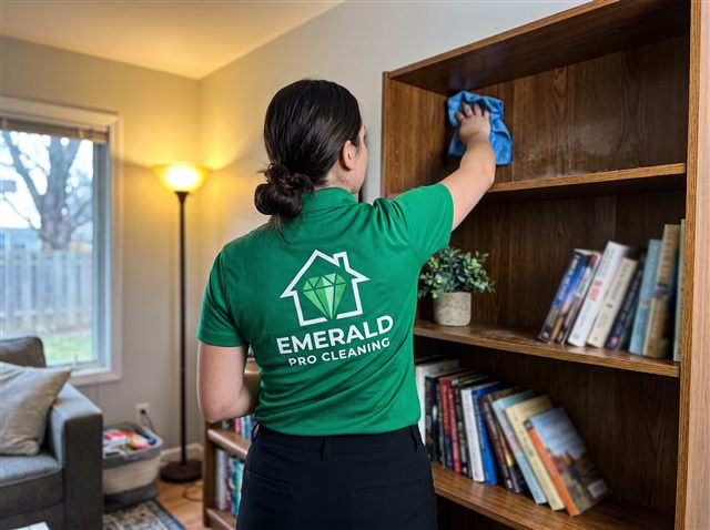 Emerald Pro cleaner dusting shelves