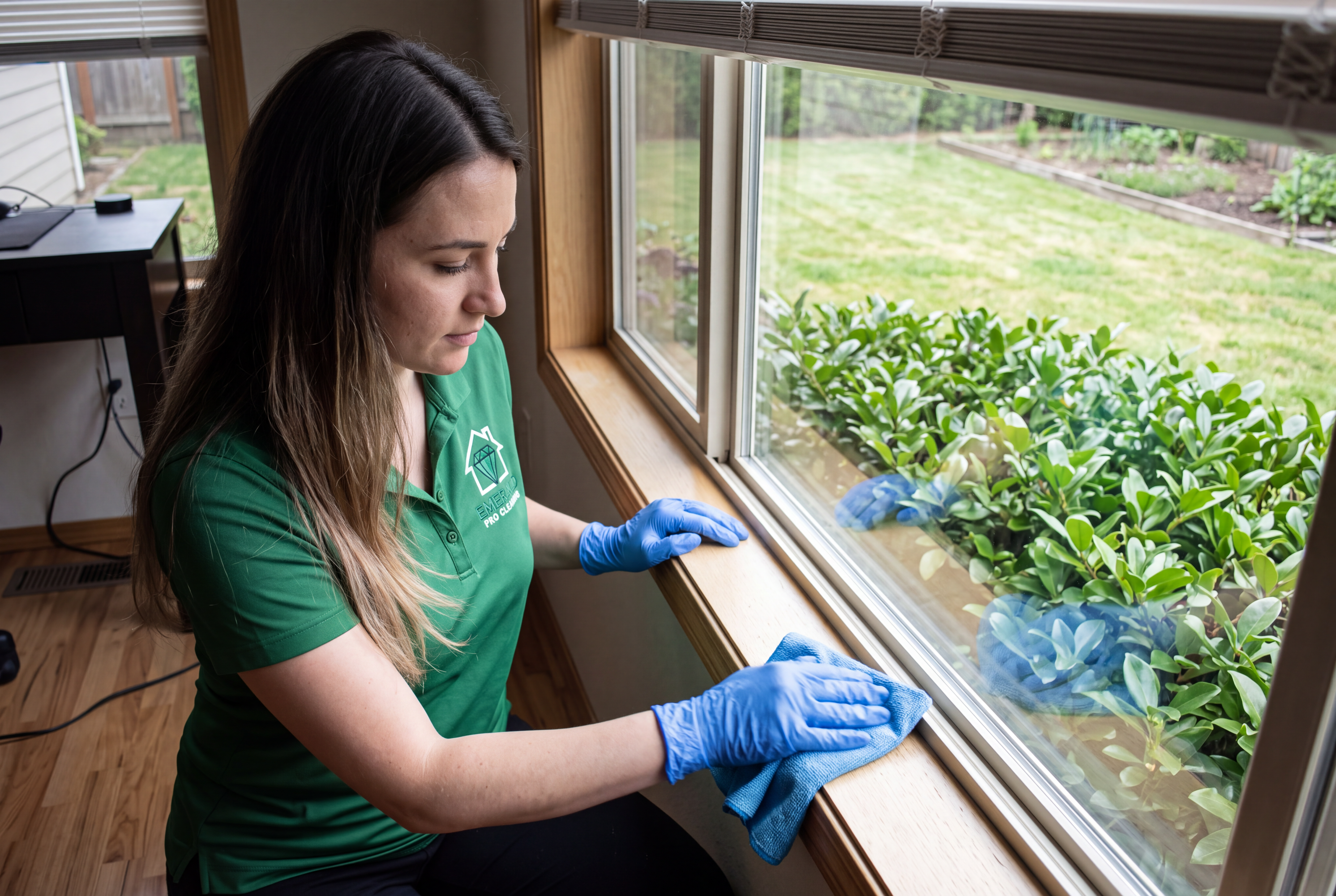 Emerald Pro cleaner wiping a windowsill