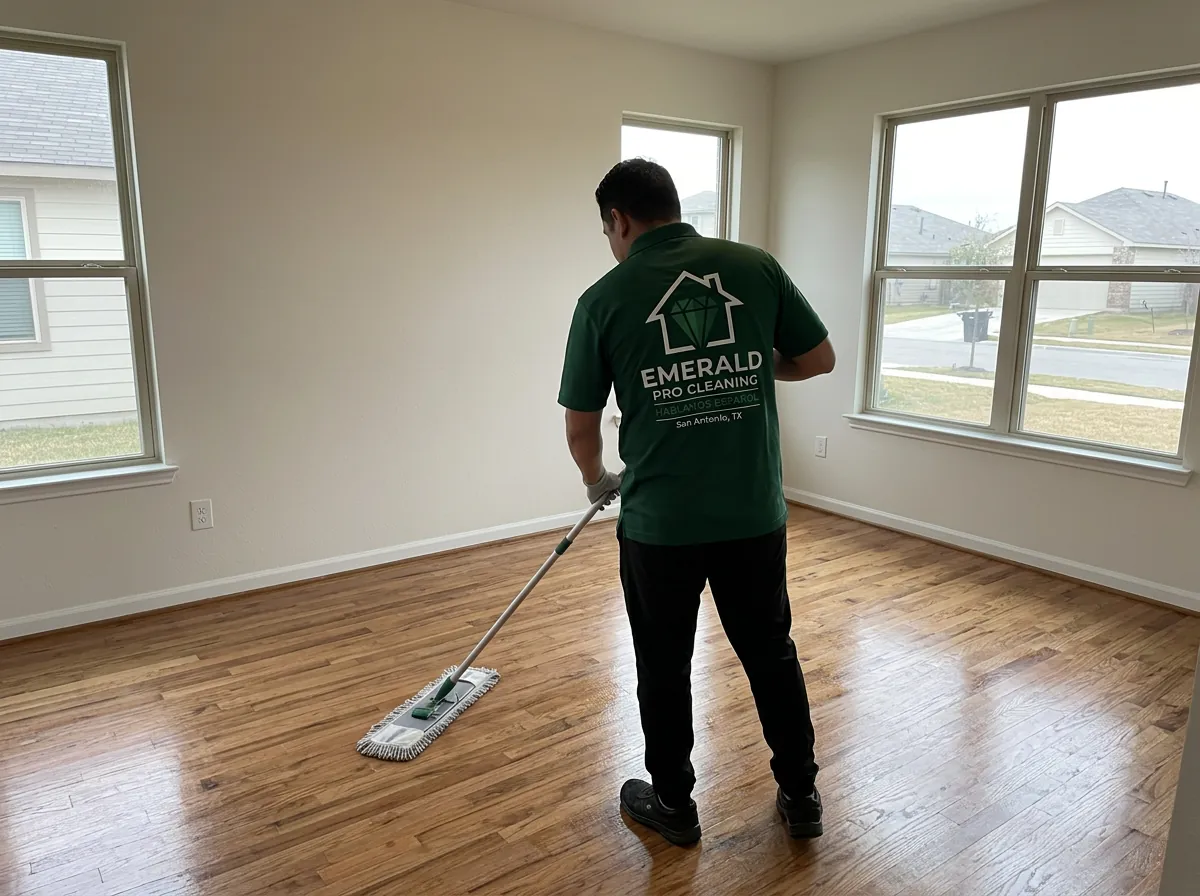 Emerald Pro Cleaning cleaner mopping an empty room for move-out